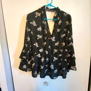 Black and floral bell sleeve blouse
